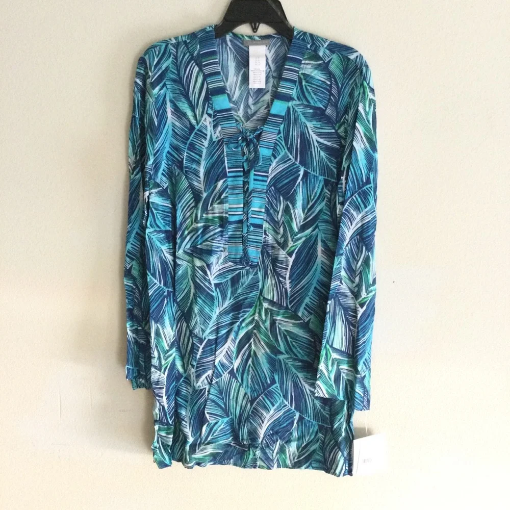 LA BLANCA NWT Sketched Leaves Long Sleeve Tunic Swim Cover-Up Medium
